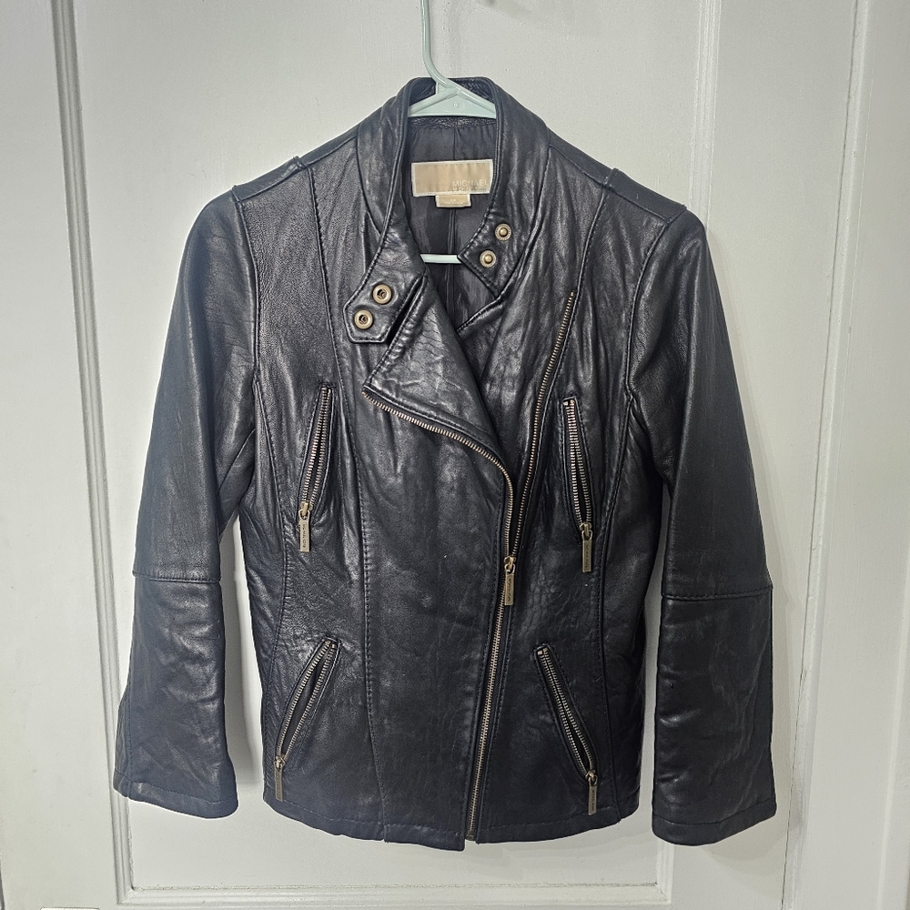 Black Leather Asymmetrical Zip Jacket - Brand Unknown